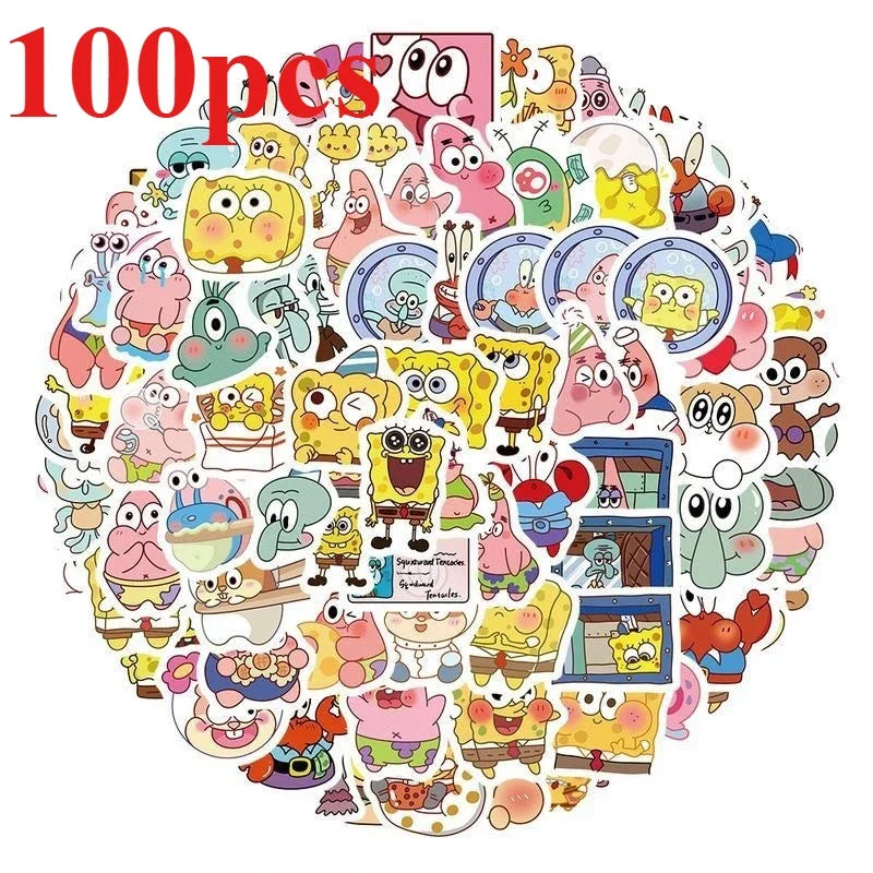 100pcs new Cartoon Cute SpongeBob SquarePants Stickers Personalized Creative Decorative Waterproof Sticker Decals Kids Toy.