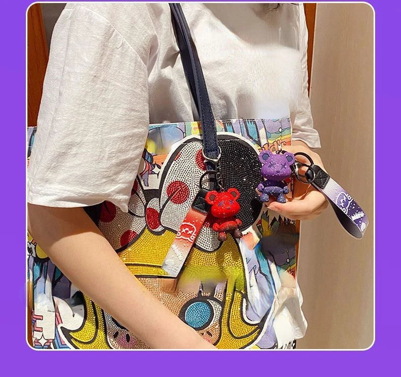 Colorful doodle gradient star bear keychain. Car key decoration pendant. Backpack charm accessories