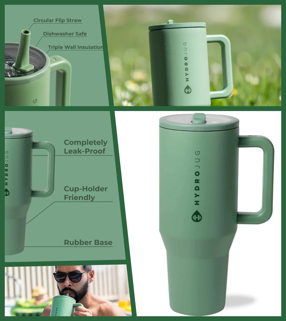 40oz Sage Insulated Stainless Steel Water Bottle | HYD Traveler Flip Straw Tumbler with Handle