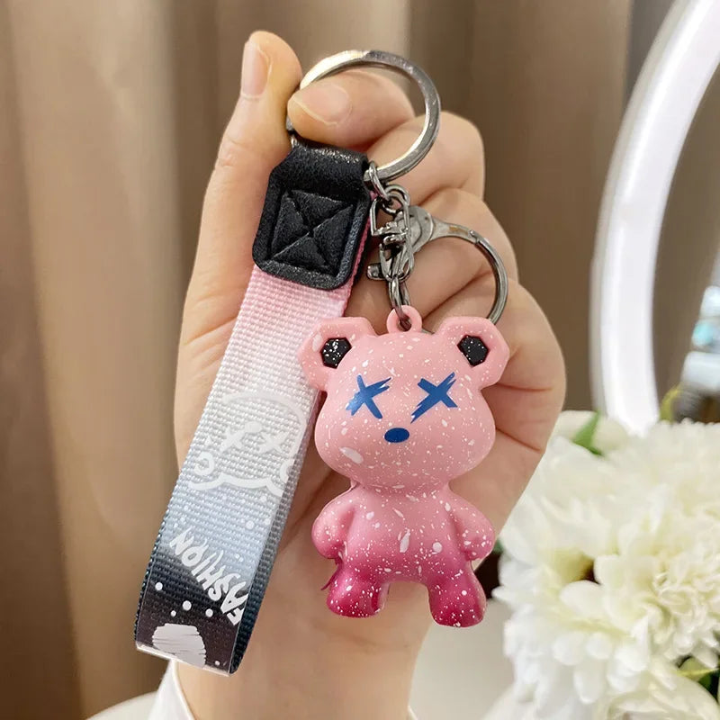 Colorful doodle gradient star bear keychain. Car key decoration pendant. Backpack charm accessories