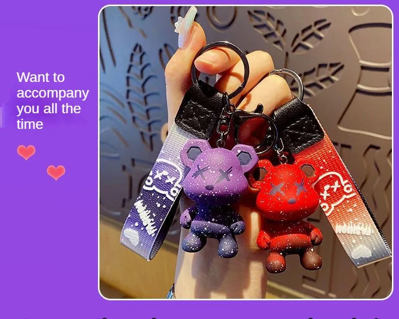 Colorful doodle gradient star bear keychain. Car key decoration pendant. Backpack charm accessories