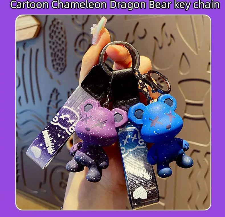 Colorful doodle gradient star bear keychain. Car key decoration pendant. Backpack charm accessories