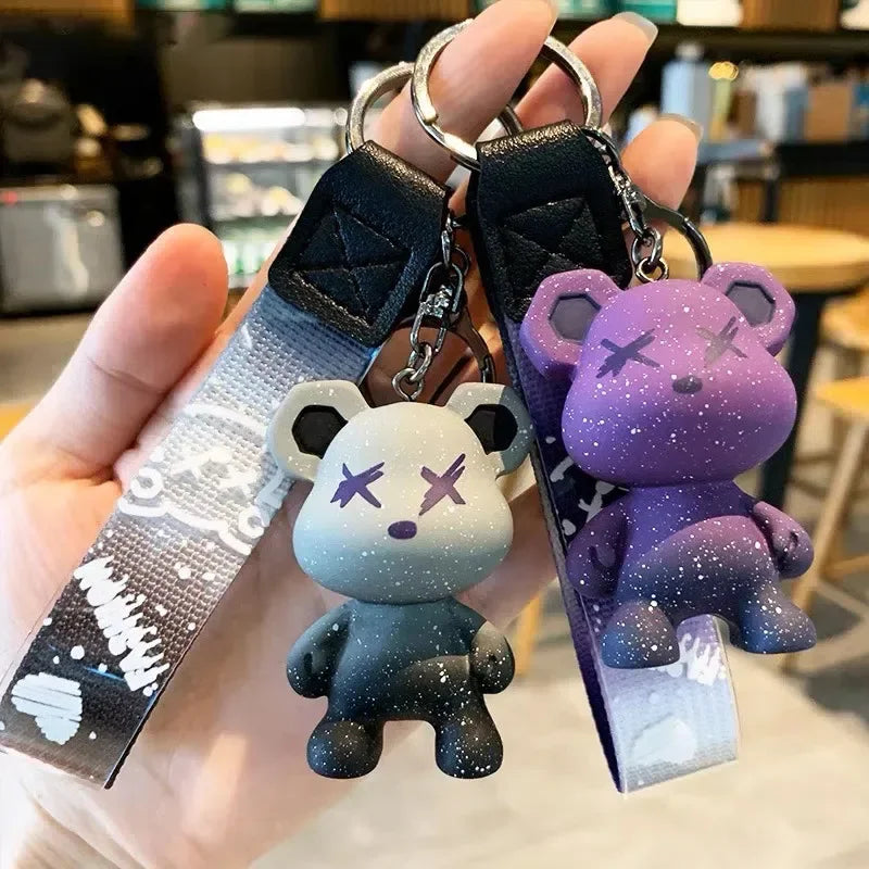 Colorful doodle gradient star bear keychain. Car key decoration pendant. Backpack charm accessories