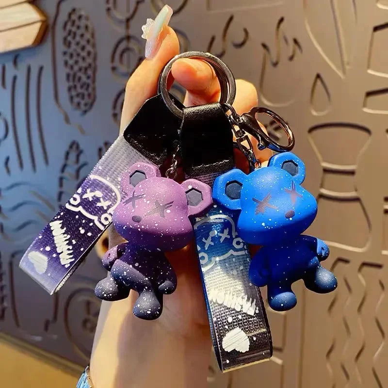 Colorful doodle gradient star bear keychain. Car key decoration pendant. Backpack charm accessories