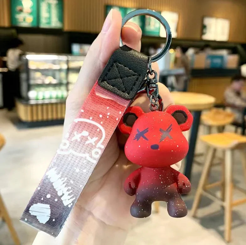 Colorful doodle gradient star bear keychain. Car key decoration pendant. Backpack charm accessories