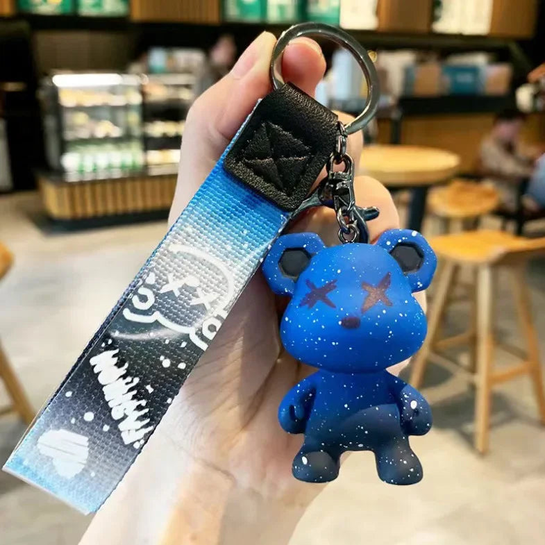 Colorful doodle gradient star bear keychain. Car key decoration pendant. Backpack charm accessories