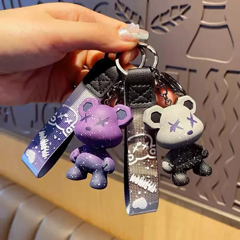 Colorful doodle gradient star bear keychain. Car key decoration pendant. Backpack charm accessories