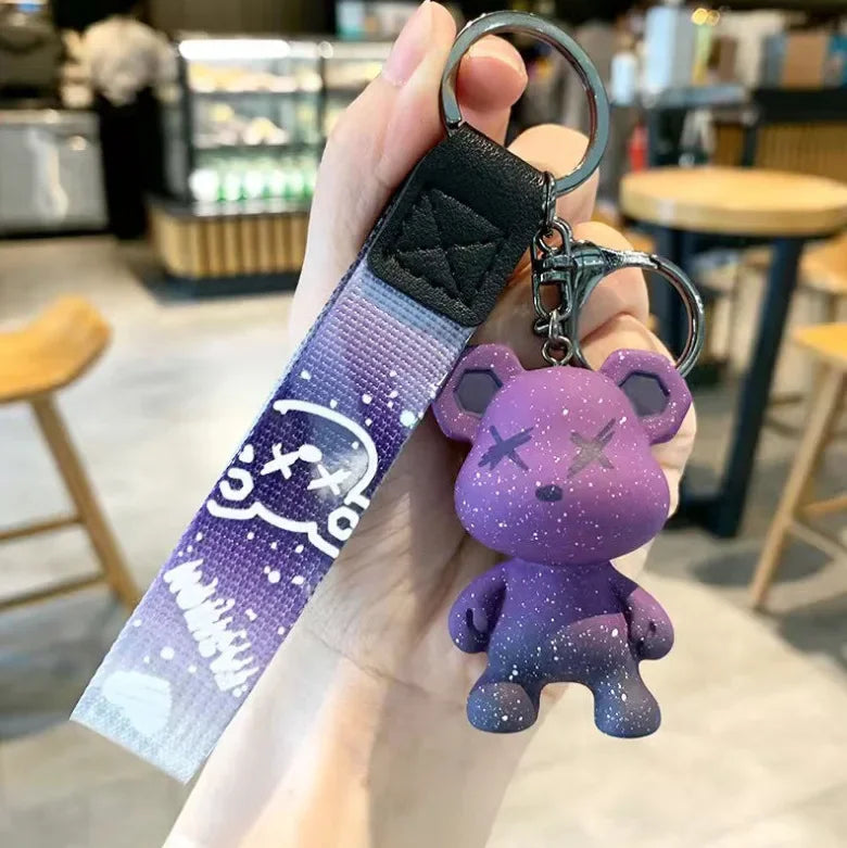 Colorful doodle gradient star bear keychain. Car key decoration pendant. Backpack charm accessories