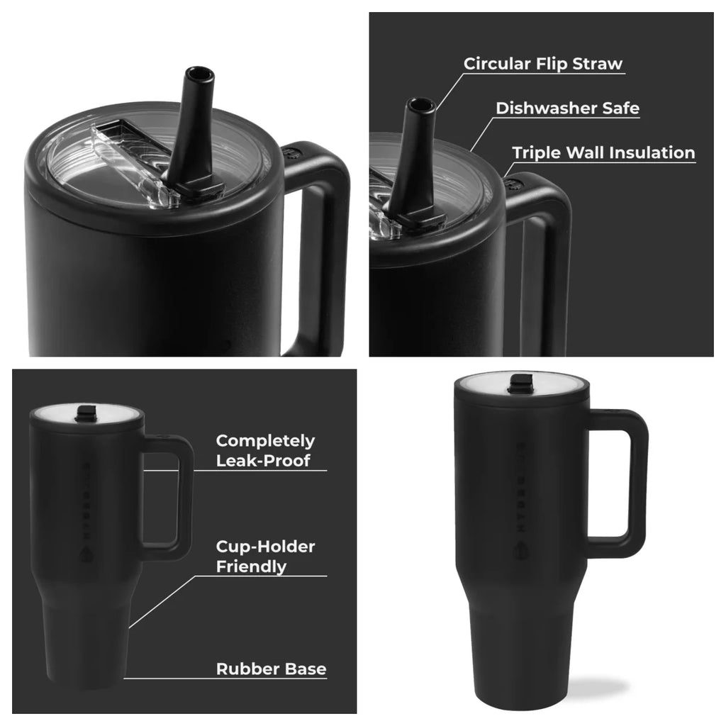HYD Traveler - 40 oz Water Bottle with Handle & Flip Straw - Fits in Cup Holder, Leak Resistant Tumbler-Reusable Insulated Stainless Steel & Rubber Base - Gifts for Women & Men