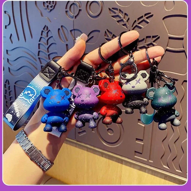 Colorful doodle gradient star bear keychain. Car key decoration pendant. Backpack charm accessories