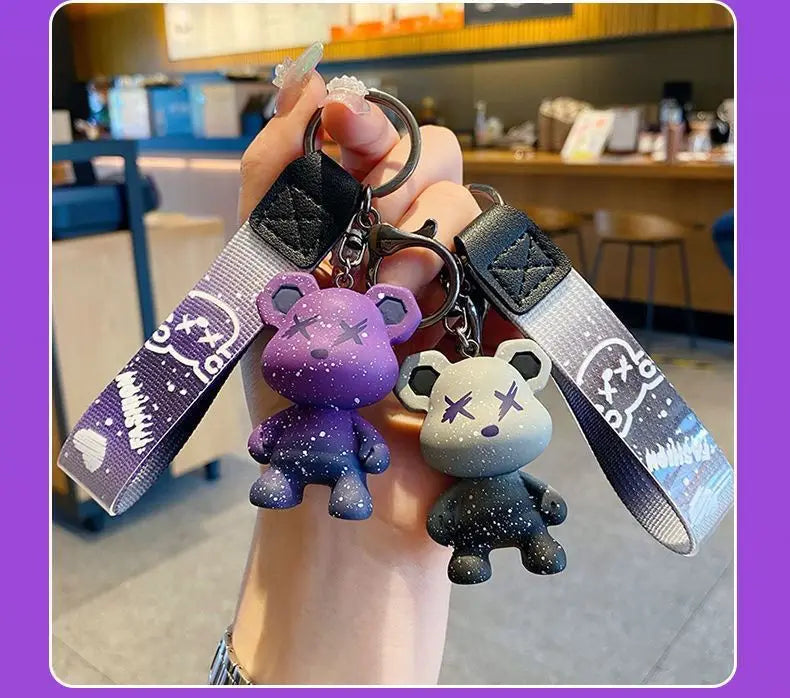 Colorful doodle gradient star bear keychain. Car key decoration pendant. Backpack charm accessories