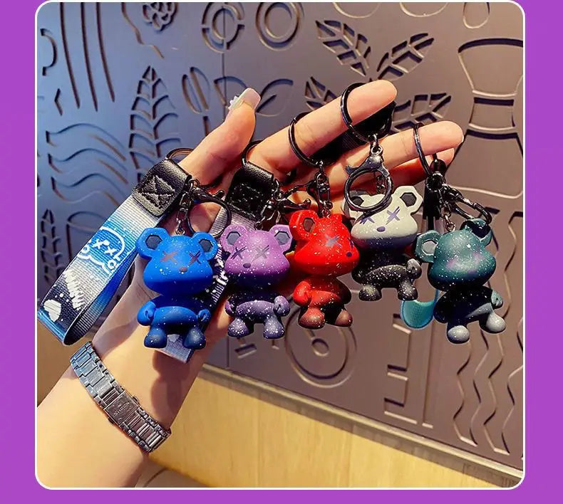 Colorful doodle gradient star bear keychain. Car key decoration pendant. Backpack charm accessories