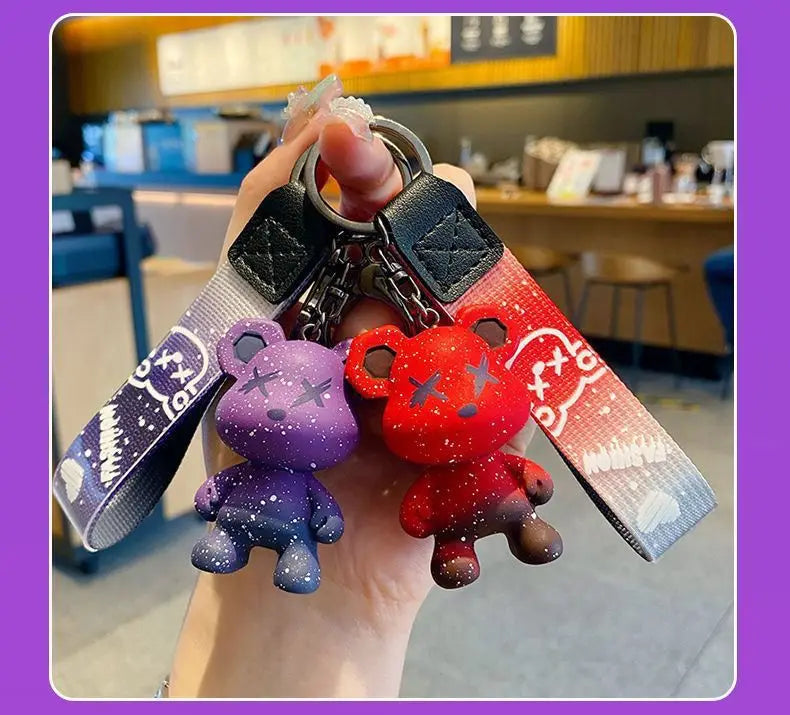Colorful doodle gradient star bear keychain. Car key decoration pendant. Backpack charm accessories