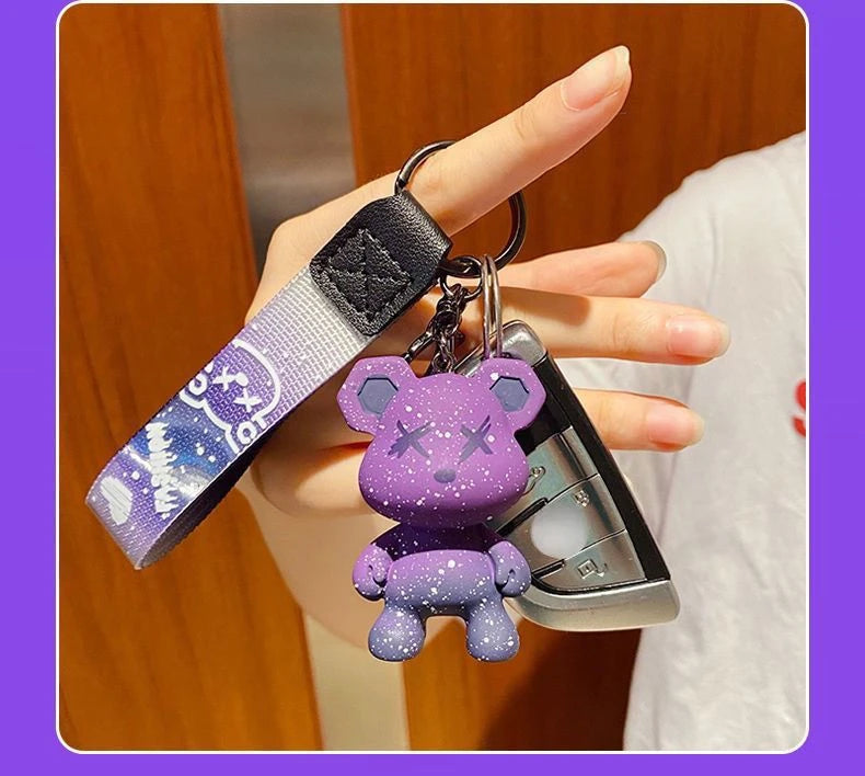 Colorful doodle gradient star bear keychain. Car key decoration pendant. Backpack charm accessories