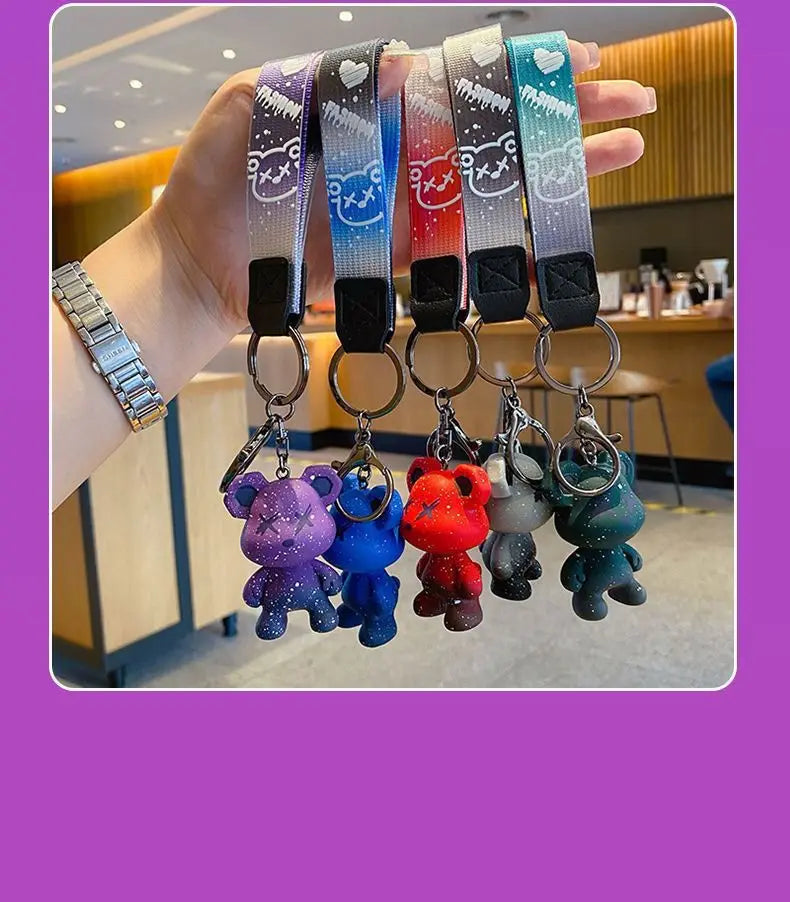 Colorful doodle gradient star bear keychain. Car key decoration pendant. Backpack charm accessories