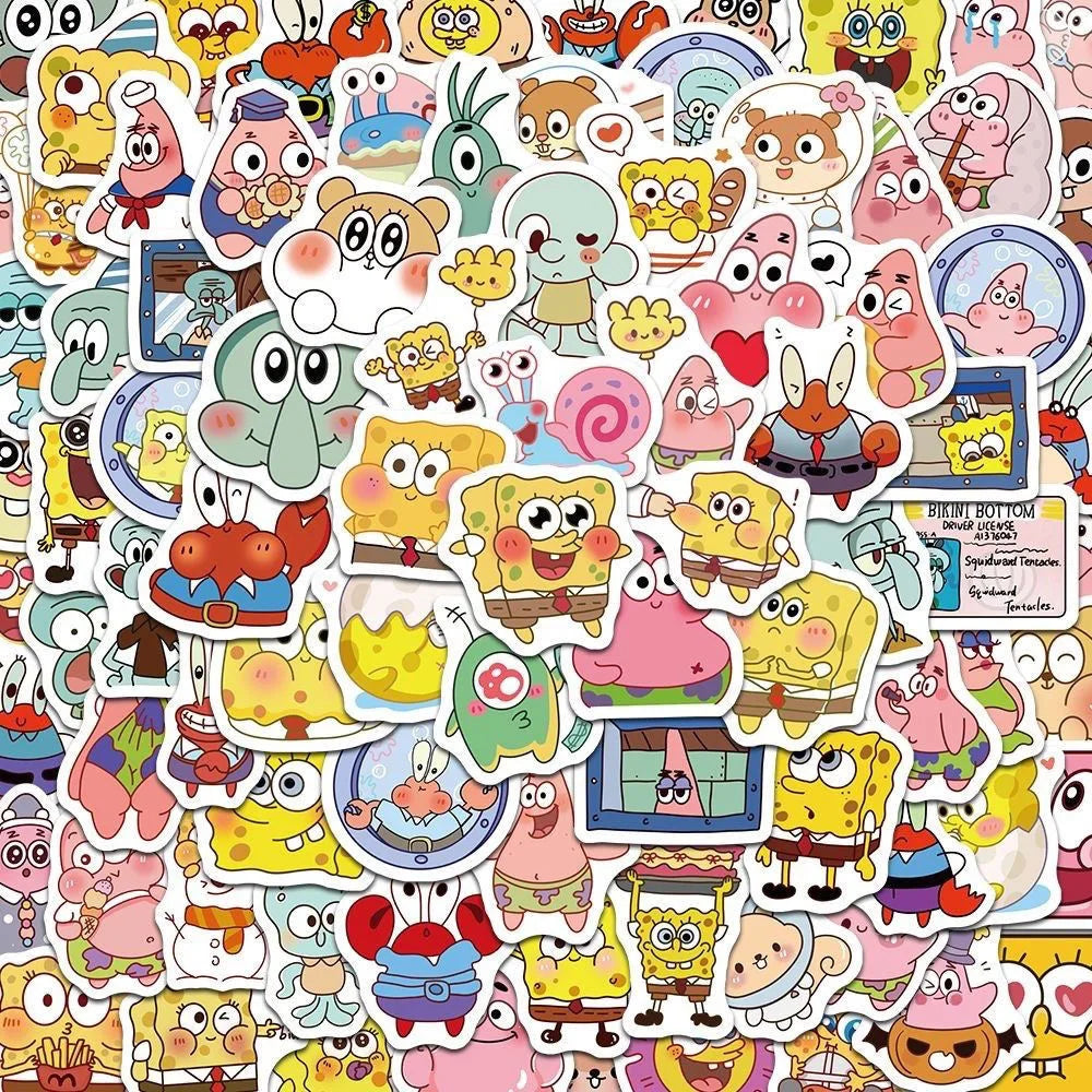 100pcs new Cartoon Cute SpongeBob SquarePants Stickers Personalized Creative Decorative Waterproof Sticker Decals Kids Toy.