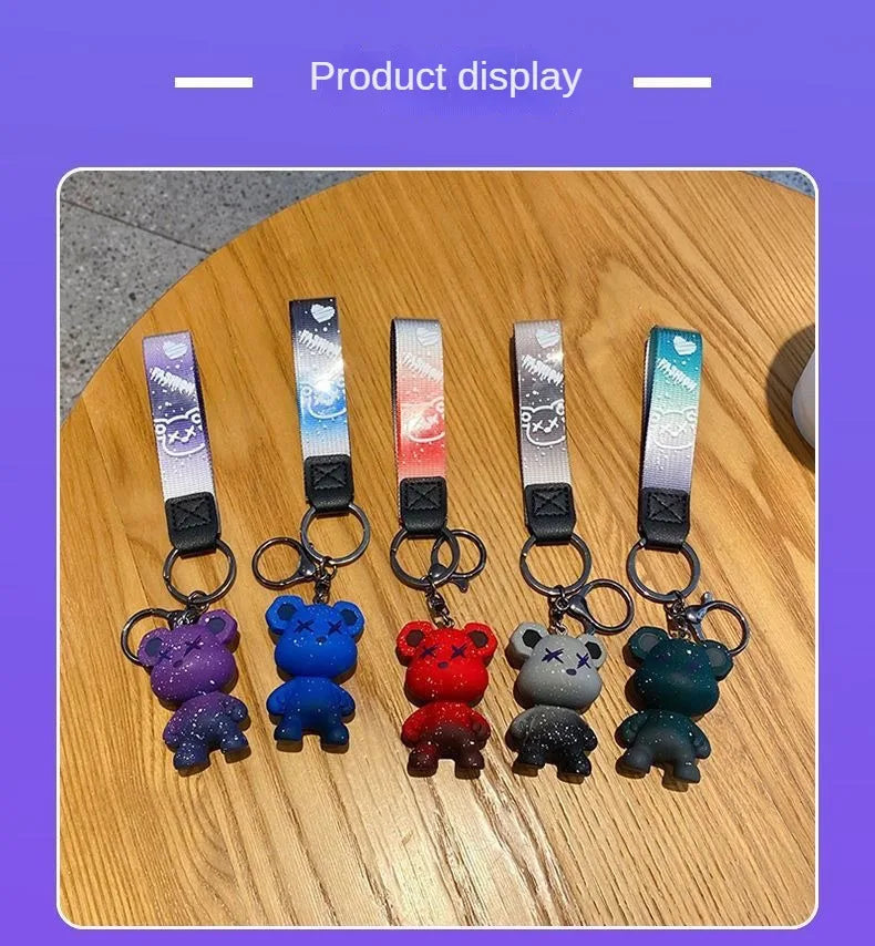 Colorful doodle gradient star bear keychain. Car key decoration pendant. Backpack charm accessories